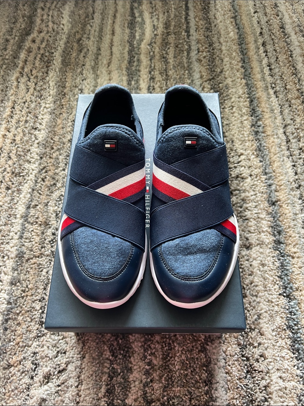 Tommy Hilfiger Navy Slip-On Sneakers with Red & White Stripes